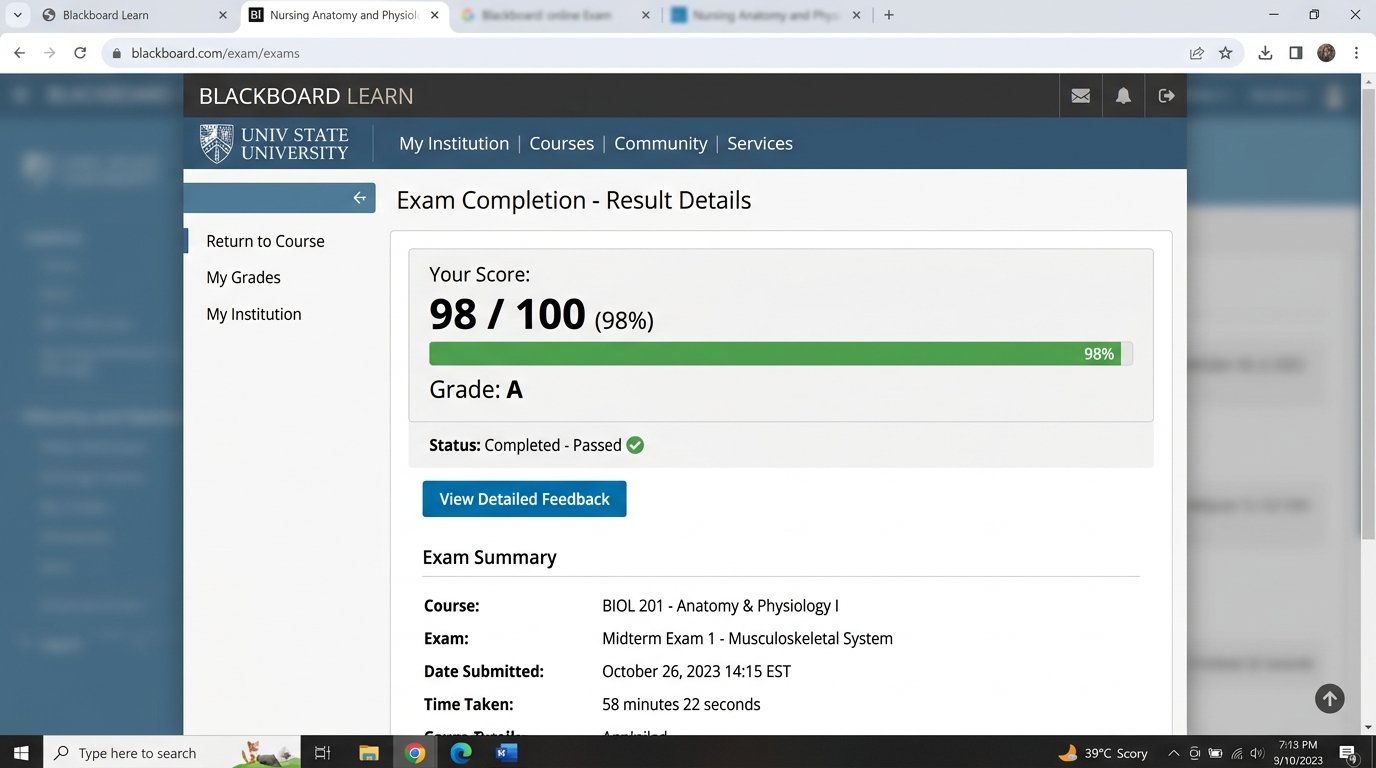 Blackboard Learn Online Exam Result Details showing 98 out of 100 Grade A