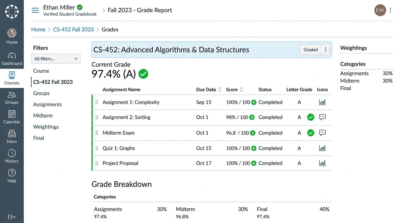 Canvas LMS Student Grade Report showing 97.4% A Grade