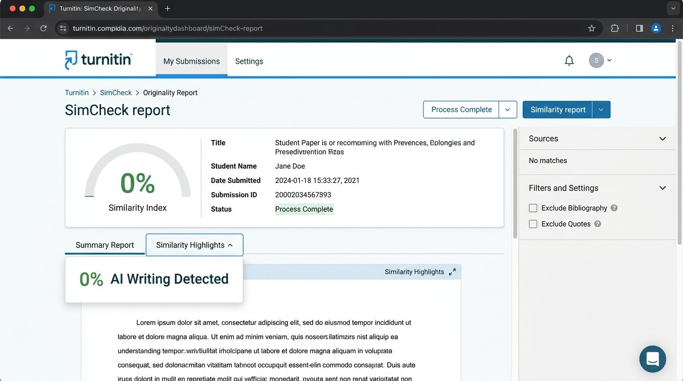 Turnitin SimCheck Originality Report showing 0% Similarity and 0% AI Detection